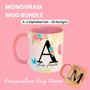 Envoltura de taza con monograma y alfabeto, plantilla de taza con alfabeto floral, diseños de sublimación, iniciales personalizadas, diseños de 11 oz, taza floral PNG