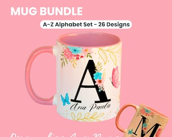 Monogramma alfabeto tazza avvolgente sublimazione modello tazza alfabeto floreale disegni a sublimazione iniziali personalizzate 11 oz disegni tazza floreale PNG