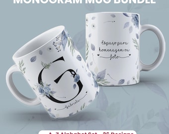 Modello per tazza floreale, monogramma, alfabeto, avvolgere la tazza, disegni a sublimazione, modello floreale, tazza da 11 once, iniziali, modelli personalizzati da 15 once