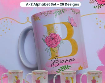 Modello per tazza floreale, monogramma, alfabeto, avvolgere la tazza, disegni a sublimazione, modello floreale, tazza da 11 once, iniziali, modelli personalizzati da 15 once
