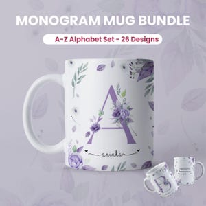 Puede incluir: Taza de cerámica blanca con la letra "A" en lavanda adornada con diseños florales. La taza incluye el nombre "aninha" en escritura cursiva. También se ve el texto "MONOGRAM MUG BUNDLE" y "A-Z Alphabet Set - 26 Designs".