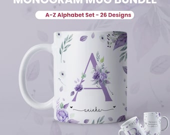 Monogram Alphabet Mug Wrap Sublimation Designs Floral Mug Template 11 oz Designs Initials Personalized 15 oz Templates Floral Mug PNG Flower