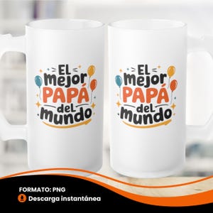 Könnte beinhalten: Zwei weiße Keramikbecher mit Henkeln, jeweils mit dem spanischen Text "El mejor PAPA del mundo" in farbigen Buchstaben, mit Ballon- und Sternakzenten. Die Becher sind für den Vatertag oder einen ähnlichen Anlass gedacht.