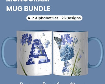 Blue Monogram Alphabet Mug Wrap Sublimation Floral Alphabet Mug Template Sublimation Design Personalized 11 oz Designs Floral Blue and White