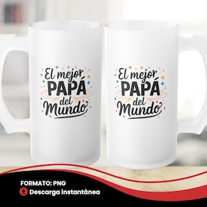Könnte beinhalten: Zwei Bierkrüge aus weißem, mattiertem Glas mit großen Griffen. Jeder Krug trägt den Text "El mejor PAPA del Mundo" in einem farbenfrohen Design. Perfekt für den Vatertag.