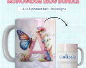 Butterfly Monogram Alphabet Mug Wrap Sublimation Designs Floral Mug Template 11 oz Designs Initials Personalized 15 oz Templates Floral Mug