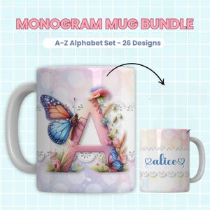 Pode incluir: Conjunto de canecas com monogramas com as letras A-Z. A caneca principal exibe a letra "A" decorada com borboletas e flores. A caneca menor tem o nome "alice" em escrita azul. As canecas têm uma alça branca e um fundo pastel.