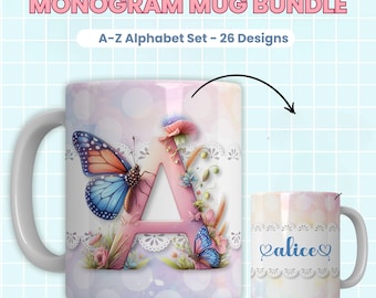 Butterfly Monogram Alphabet Mug Wrap Sublimation Designs Floral Mug Template 11 oz Designs Initials Personalized 15 oz Templates Floral Mug