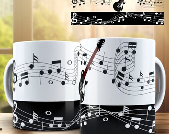 Music Notes Sheet Sublimation Design Guitar Mug Png Digital Mug Wrap Template Guitar Gifts For Him Coffee Mug Design 11oz 15oz Mug Template