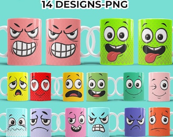 Funny Faces Mug Wrap Sarcastic Face Happy 11oz and 15oz Mug Template 3D Coffee Mug Sublimation Design Mug Wrap Template PNG Emoji Faces Gift