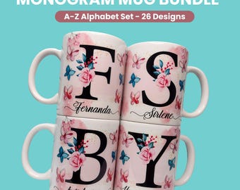 Monogramma alfabeto tazza avvolgente sublimazione modello tazza alfabeto floreale disegni a sublimazione iniziali personalizzate 11 oz disegni tazza floreale PNG