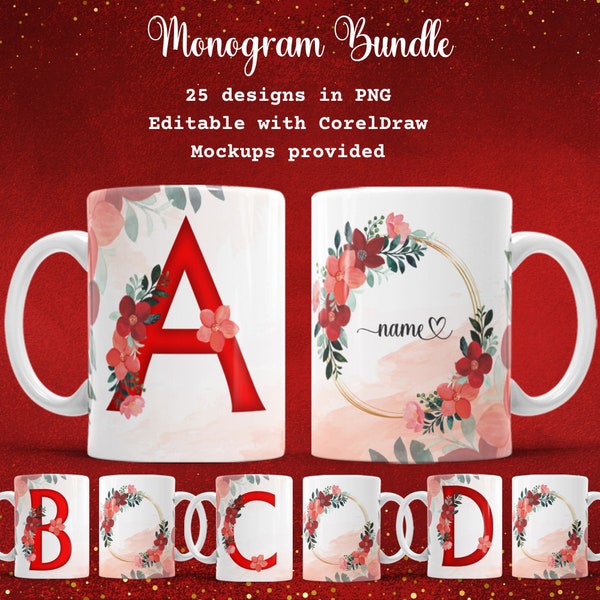 Emballage de tasse avec alphabet floral monogramme Png Designs par sublimation Tasse à café avec lettre initiale Modèle de tasse de famille personnalisée Sublimation de tasse de 11 12 15 oz