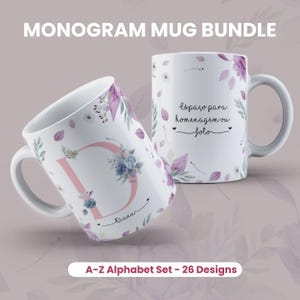 Modelo de caneca floral, monograma, alfabeto, caneca, sublimação, modelos florais, caneca, 11 oz, designs, iniciais, modelos personalizados de 15 oz