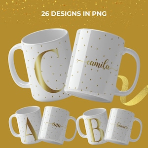 Modelo de caneca para embrulho de café com monograma dourado, caneca para sublimação de café, PNG, design do alfabeto, monograma, inicial PNG, modelo de caneca com nome Abecedario Taza dourado