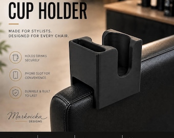 Salon Chair Cup Holder with Phone Slot | Slide-On Armrest Organizer Fits 2"–3.5" Chair Arms | 3D Printed Drink Holder for Stylists & Barbers