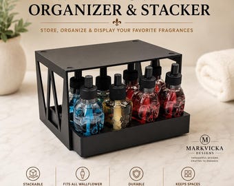 May include: A black rectangular wallflower organizer and stacker featuring a geometric side design. The unit holds multiple fragrance bulbs, including skull-shaped and standard designs. Text on the image reads Wallflower Organizer & Stacker.