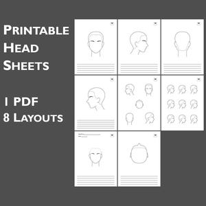 May include: Printable head drawing templates in PDF format.  The sheet includes 8 different layouts for drawing heads from various angles.  The templates are designed for artists and illustrators.