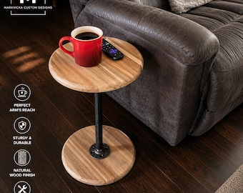 Industrial Round Wood and Metal Side Table | Decorative Plant Stand | Bistro Table | Hardwood End Table | Apartment Industrial Side Table