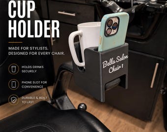 Adjustable Salon Chair Cup Holder with Phone Slot | Universal Clamp-On Armrest Organizer | Personalized Stylist & Barber Chair Accessory