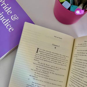 May include: An open book with the title "Pride & Prejudice" visible, alongside a closed book with the same title. A pink container holds pens and markers, suggesting a study or reading setting.