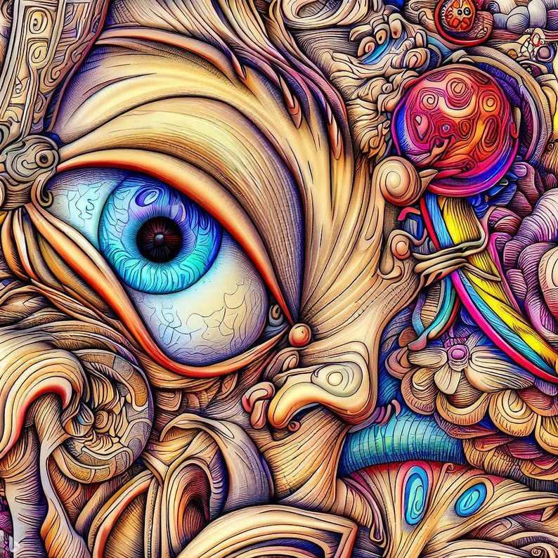 Puede incluir: Una ilustraci&oacute;n abstracta colorida con un gran ojo azul en el centro. El ojo est&aacute; rodeado de intrincados patrones en espiral en tonos de marr&oacute;n, amarillo, naranja, rosa y azul.