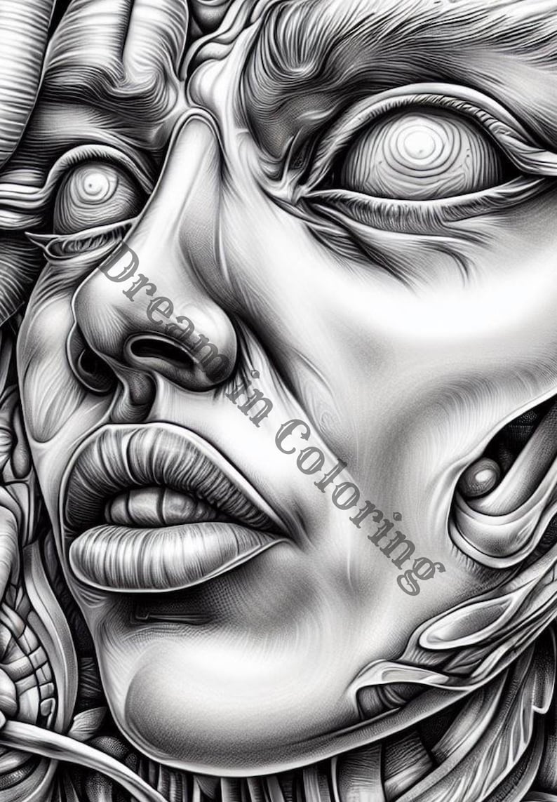 Puede incluir: Un dibujo detallado en blanco y negro de la cara de una mujer con una apariencia mec&aacute;nica o rob&oacute;tica. Los ojos de la mujer est&aacute;n muy abiertos y miran directamente al espectador. El dibujo es muy detallado e intrincado, con muchas l&iacute;neas y texturas.