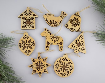 Wooden Nordic Scandinavian Christmas Tree Ornaments - White Birch and Walnut - Handcrafted Folk Art Decoration Ornament Set