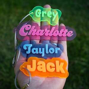 Personalized Name Tag for Kids - Custom Keychain for Backpacks, Book Bags, Water Bottles, Lunch Box - Neon/Transparent - Back to School Gift