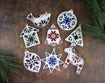Colorful Painted Wood Nordic Scandinavian Christmas Tree Ornaments - White and Holiday Colors - Handcrafted Folk Art Decoration Ornament Set