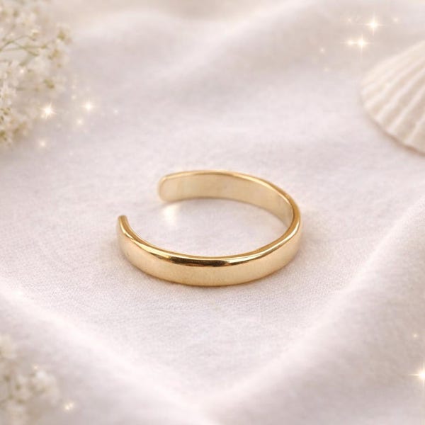 Anillo de dedo del pie liso de oro macizo de 14k o 10k, pulido brillante - Anillo de dedo del pie con banda impermeable - Anillo de dedo del pie de oro ajustable - Estampado, regalo para ella, amarillo