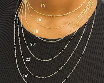 Cadena de clip de oro macizo de 14 k (1,5 mm, 2 mm y 3,5 mm) para collar de 35,5 cm, 40,6 cm, 46,2 cm, 50,8 cm y 61 cm. Regalo para hombre y mujer (unisex). Cierre con sello.