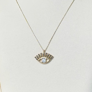 14k Solid Gold Egyptian Evil Eye Necklace with Cubic Zirconia, Protective Necklace, Layering Necklace, 1mm Adjustable Necklace 16&quot; + 1&quot;, 585
