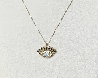 14k massief gouden Egyptische boze oog-ketting met zirkonia, beschermende ketting, gelaagde ketting, verstelbare ketting van 1 mm 16"+1", 585