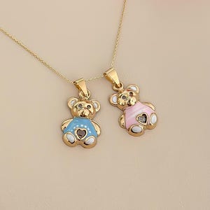 14k Solid Gold Bear Necklace for Women, CZ Heart Pendant, Teddy Bear Charm, 585 Yellow Heart Jewelry, Gold Love Necklace, Valentines Gift