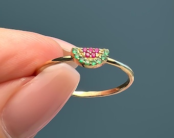 14k Solid Gold Watermelon Ring, Fruit Ring, Gift for Her, Women, Statement, Promise, Stackable Ring, 585 Yellow Gold, Valentine's Day