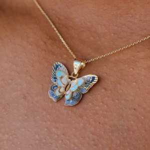 14k Solid Gold Butterfly Pendant Butterfly Hand-Painted Double 3D Charm - Black, Blue, White Necklace Animal, Insect Jewelry, Gift for Women