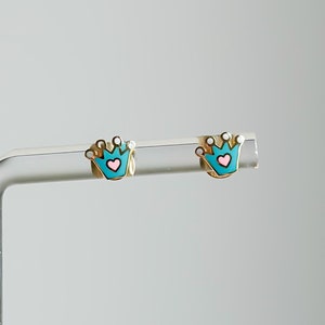 14K SOLID Gold Crown Earrings, Enamel Studs, Jewelry - Gift for Women, Wife, Girl, Girlfriend