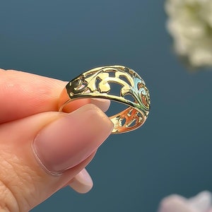 14k Solid Yellow Gold Filigree Ring, Gift for Her, Women, Authentication Stamp 585 or 14k