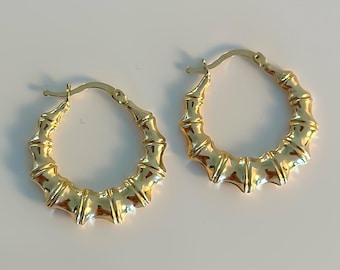 14k Solid Gold Hoop Earrings, African Bamboo Hoop Earrings, Real Gold Bamboo Earrings, Minimalist Gold Hoops, Gift for Her, 585 Yellow Gold