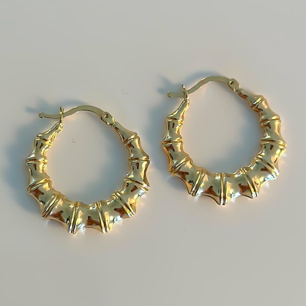 Aros de oro macizo de 14 k, aros de bambú africano, aros de bambú de oro auténtico, aros minimalistas de oro, regalo para ella, oro amarillo 585