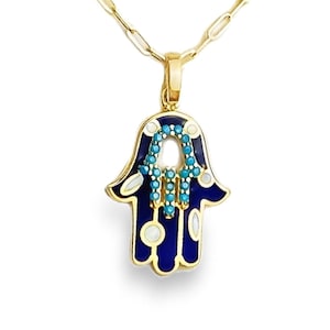 14k Solid Gold Hamsa Hand Pendant w/ Cubic Zirconia Necklace Hand-Painted Charm, Gift for Women, Hand of Fatima, Miriam, Protective Amulet