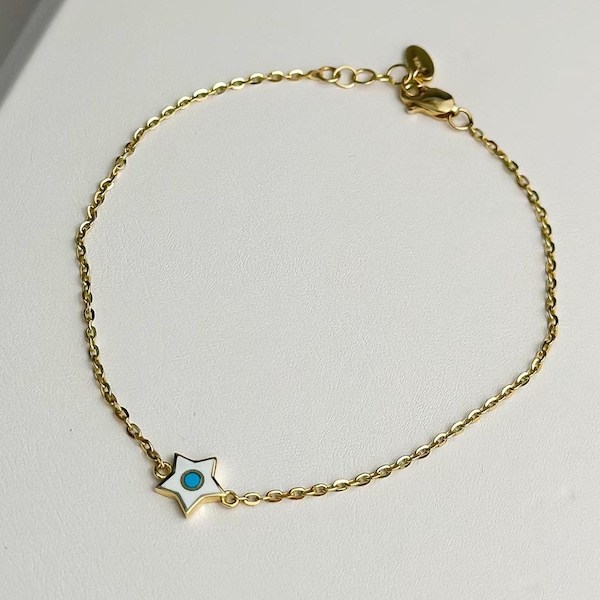 Pulsera de eslabones tipo cable con forma de estrella de oro macizo de 14 k, 1,5 mm, 7" + 1/2" de longitud de extensión, regalo para mujer, blanco y azul