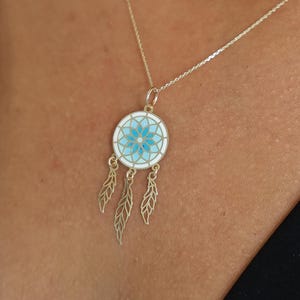 14k Solid Gold- Blue Dreamcatcher Pendant - Hand-Painted Charm, Protective Amulet, Dream Traps Necklace, Gift for Women, Her, Girls