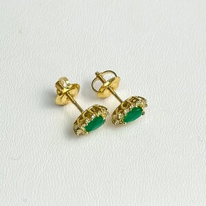 14k Solid Gold Studs Earrings, 14k Green Emerald 0.70 ct Studs 0.30 ct Diamond Earrings, Dainty Fancy Jewelry Gift for Women Her Yellow Gold