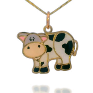 14k Solid Gold Cow Pendant Hand-Painted Charm Necklace, Farm Lover Jewelry, Animal Lover Gift - Adjustable Chain 0.5mm or Solid Link 1mm