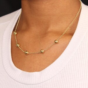 14k Solid Gold Beaded Ball Gold Necklace - Statement Necklace - Layering Necklace - Adjustable Necklace 16&quot; + 1&quot; - Gift for Her, Women, 585