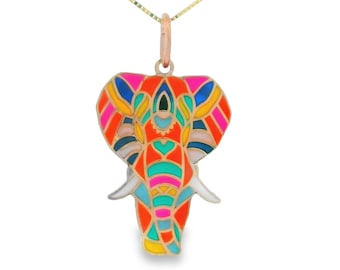 14k Solid Gold - Elephant Pendant Hand-Painted Charm, Animal Necklace, Protective Jewelry Gift for Her - Luck and Prosperity Symbol