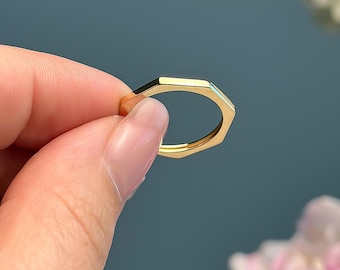 14k Solid Gold Stackable Ring, Hexagonal Ring - Statement Ring, 585 or 14k Stamp, Yellow Gold, Gift for Her, Women