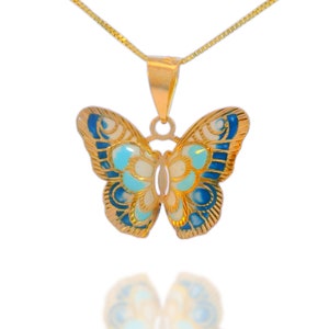 14k Solid Gold Butterfly Pendant Butterfly Hand-Painted Double 3D Charm - Black, Blue, White Necklace Animal, Insect Jewelry, Gift for Women