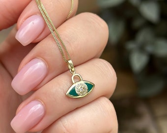 Evil Eye Pendant 14k Solid Gold w/ Cubic Zirconia Charm, Green Necklace, Protective Amulet, Good Luck, Health, Gift for Her, 585 Yellow Gold